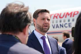 Sen. JD Vance, the Republican nominee for vice president, talks to reporters at a campaign stop in Eau Claire, Wis. on Aug. 7. (Alex Brandon/AP)