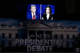 The presidential debate in Philadelphia on Tuesday between former president Donald Trump and Vice President Kamala Harris, shown on monitors. (Matt Slocum/AP)