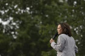 Kamala Harris — then a Democratic senator running for president — speaks at the Polk County Steak Fry in Des Moines in September 2019.