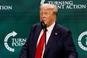 Republican presidential nominee and former president Donald Trump speaks at Turning Point Action's Believers Summit in West Palm Beach, Fla., on Friday.