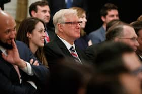 Jim Hoft, publisher of the Gateway Pundit, at the White House listening to President Donald Trump in July 2019.