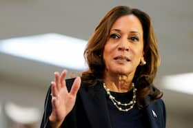 Vice President Kamala Harris during a campaign event with her running mate, Minnesota Gov. Tim Walz, in Wayne, Mich., on Thursday. (Elizabeth Frantz/Reuters)