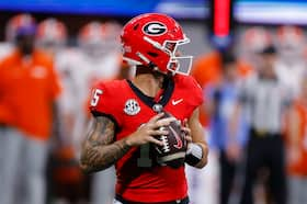 University of Georgia quarterback Carson Beck during the Bulldogs’ win over Clemson in Atlanta on Saturday. (Todd Kirkland/Getty Images)