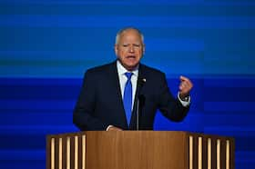 Minnesota Gov. Tim Walz on the third night of the Democratic National Convention in Chicago on Wednesday. (Ricky Carioti/The Washington Post)