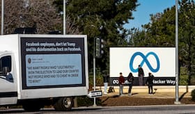 A mobile billboard outside the Meta headquarters in Menlo Park, Calif., on Jan. 17, 2023.