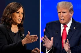 Kamala Harris at the vice-presidential debate in 2020 in Salt Lake City; Donald Trump at the presidential debate in Atlanta in June. (AP)