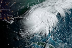 Satellite video recorded on Aug. 5, 2024, shows Hurricane Debby make landfall in Steinhatchee, Fla., as a Category 1 storm.