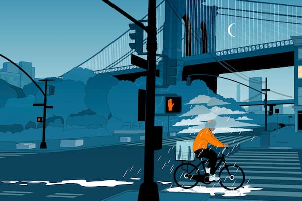 A surreal illustration of a woman biking through Brooklyn, NYC. Small rain clouds surround her head, obscuring her face.