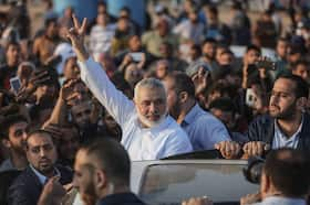 Hamas leader Ismail Haniyeh waves to a crowd in Gaza City on May 15, 2018.