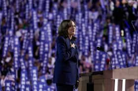 Vice President Kamala Harris is greeted onstage as she accepts the Democratic presidential nomination in Chicago on Thursday. (Jacquelyn Martin/AP)