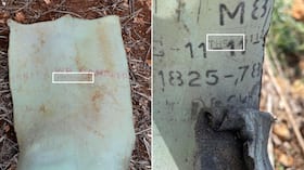 Left: One of two remnants of white phosphorus smoke rounds found in Dheira. Their lot production codes begin with “PB-92,” which denotes production in Pine Bluff, Ark., in 1992. Right: A third remnant found in Dheira is printed with “THS-89,” which denotes production in 1989 by Thiokol Aerospace at a Louisiana plant. (William Christou for The Washington Post)