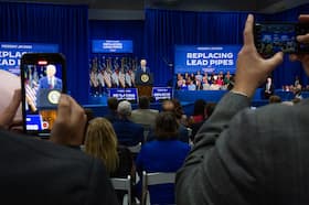 President Joe Biden discusses his commitment to removing lead pipes and ensuring clean drinking water throughout the country during an event at the Wilmington Convention Center in Wilmington, N.C., on May 2.