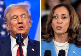 A combined photo shows former president Donald Trump at a campaign event in Bedminster, N.J., on Thursday and Vice President Kamala Harris at an event in Raleigh, N.C., on Friday.